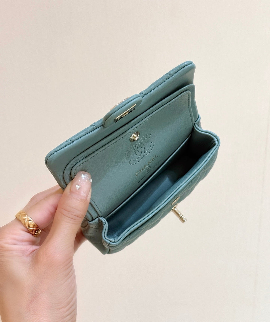 CHANEL 25S  MINI CF BAG 12 IN MUTED TEAL LAMBSKIN HEART MODEL