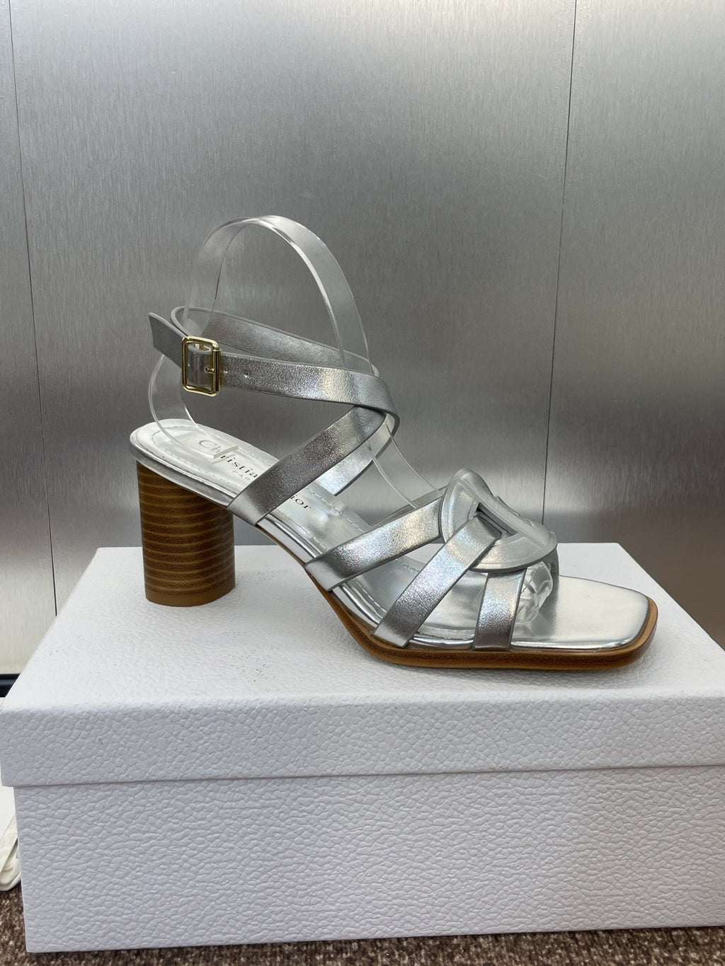 DIOR D-CLUB HIGH HEEL SLIDE 25S 80MM IN SILVER GLOSSY CALFSKIN